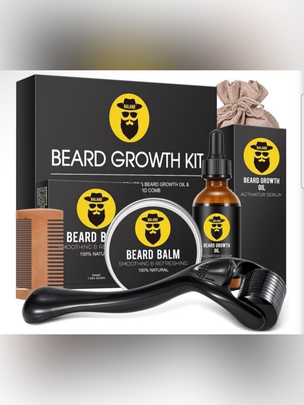 Beard Growth Kit with Black Derma Roller and Brown Comb
